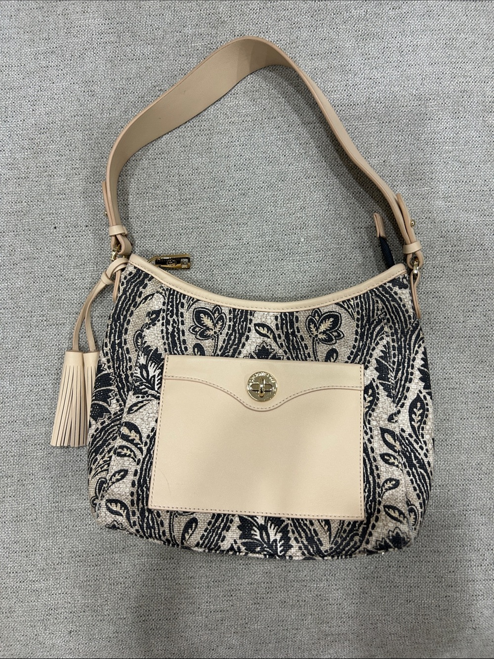 Spartina 449 Cream and Navy Paisley Hobo with Tassel genuine leather and linen